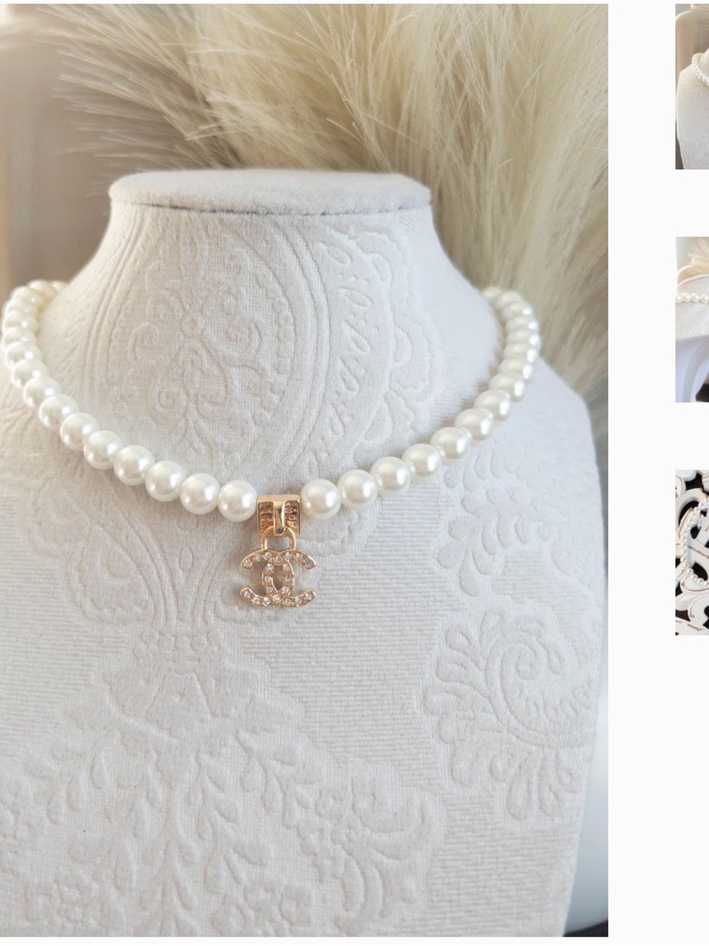 CHANEL Pearl Necklace with Gold CC Charm
